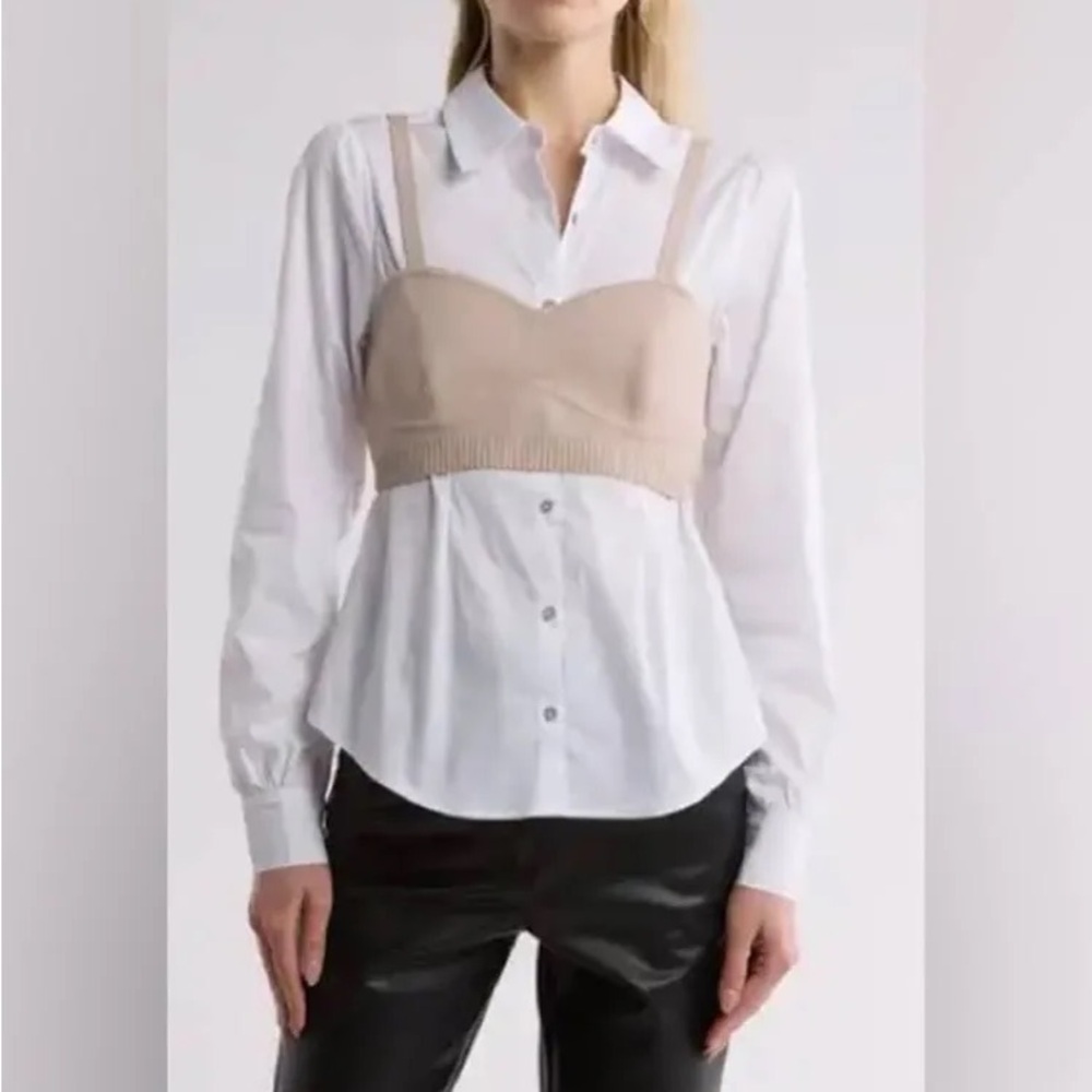 Cinq à Sept Connie Bustier Combo Knit Long-Sleeve Shirt in White metallic top XS